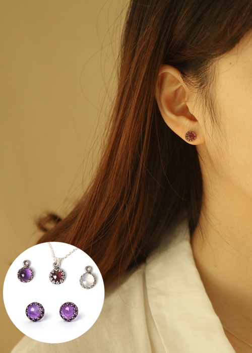 [925 silver] 원석 귀걸이 &amp; 목걸이 세트 | 가넷 | 레인보우 문스톤 | 자수정
